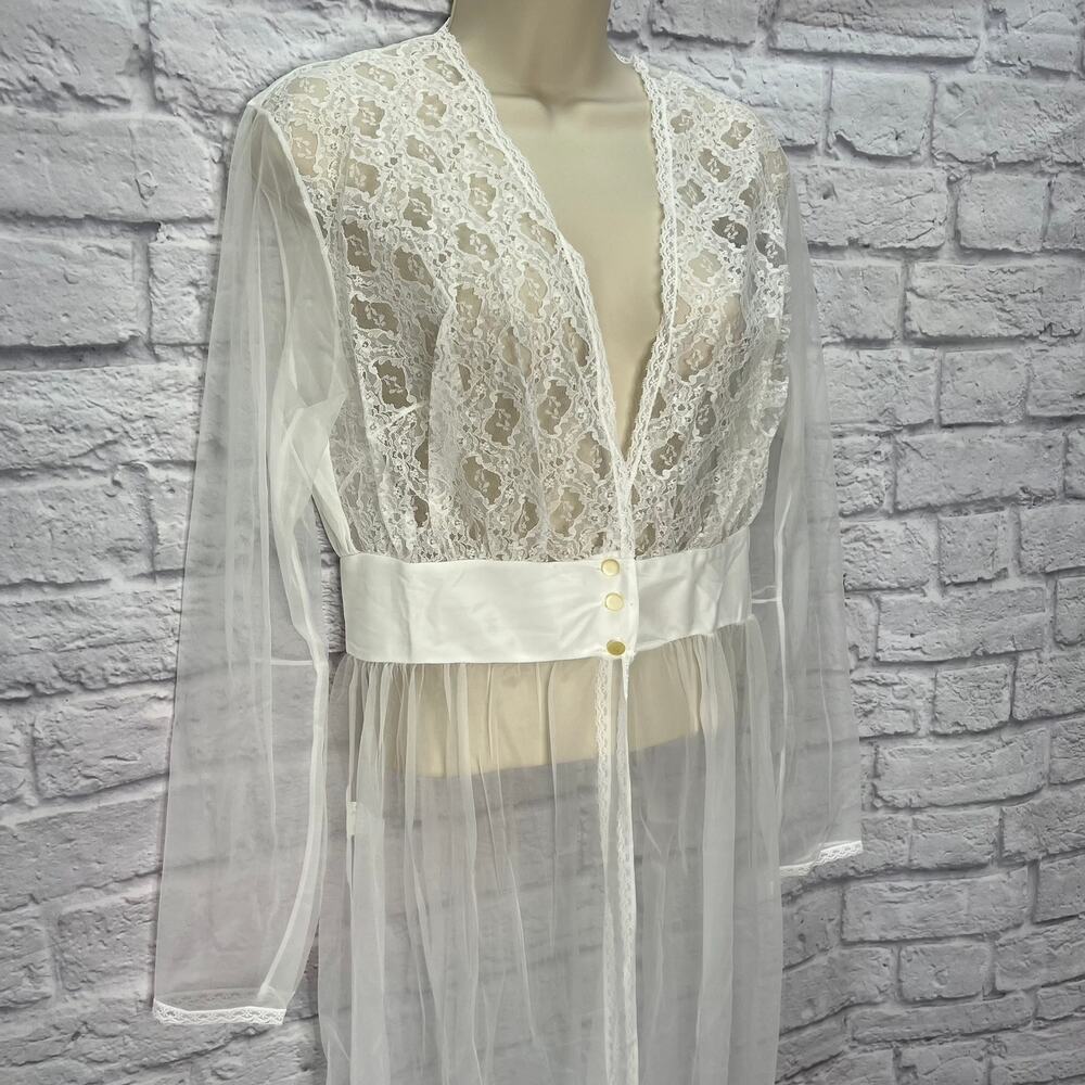 Vintage Nancy King Sheer Nylon Peignoir Robe White Bridal Size M New Satin Lace - Picture 4 of 8